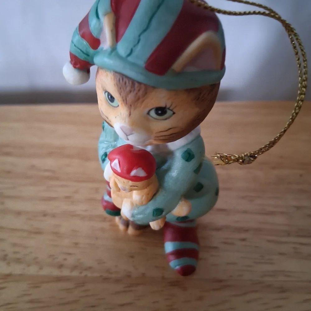 Festive Cat Ornament in Red and Green Holding Kitten In Their Pajamas